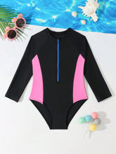 Young Girls Contrast Color Zipper Half Placket Long Sleeve One-Piece Swimsuit For Vacation